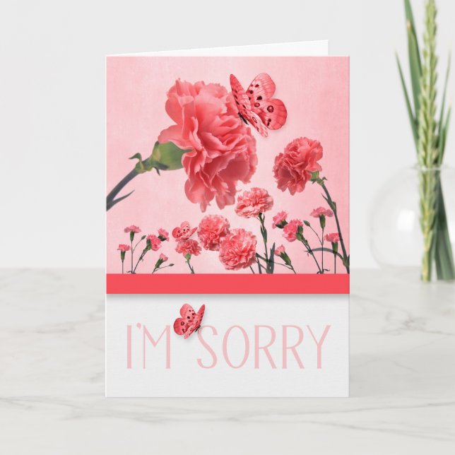 Jag är ledsen att Rosa Carnations med Butterflies Kort (Framsida)