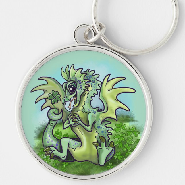 "Jag är Lucky!" lil'Shamrock Dragon Rund Silverfärgad Nyckelring (Framsidan)