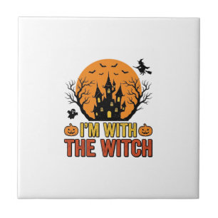 Jag Är Med Häxan Vintage Halloween Slott Design Kakelplatta