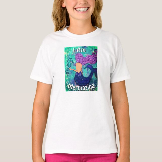 Jag är Mermaing Youth Shirt Sjöjungfru & Seahorse T Shirt (Framsida)
