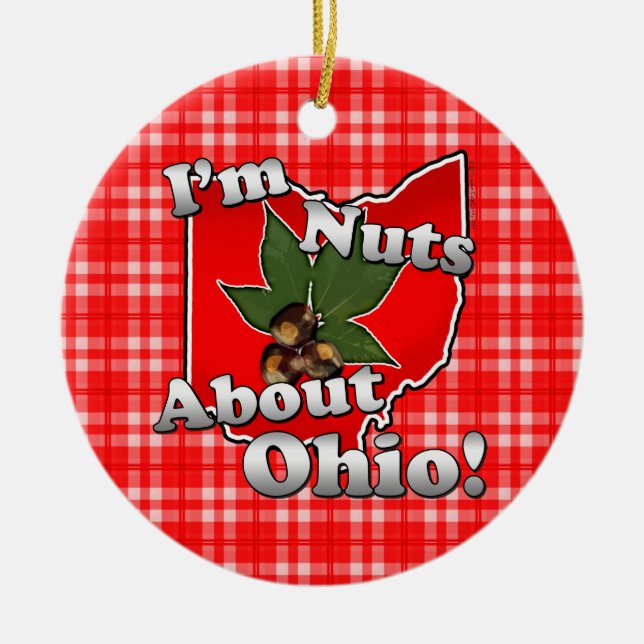 Jag är Nöt om Ohio, Lilla Red Buckeye Nöt Julgransprydnad Keramik (Framsidan)