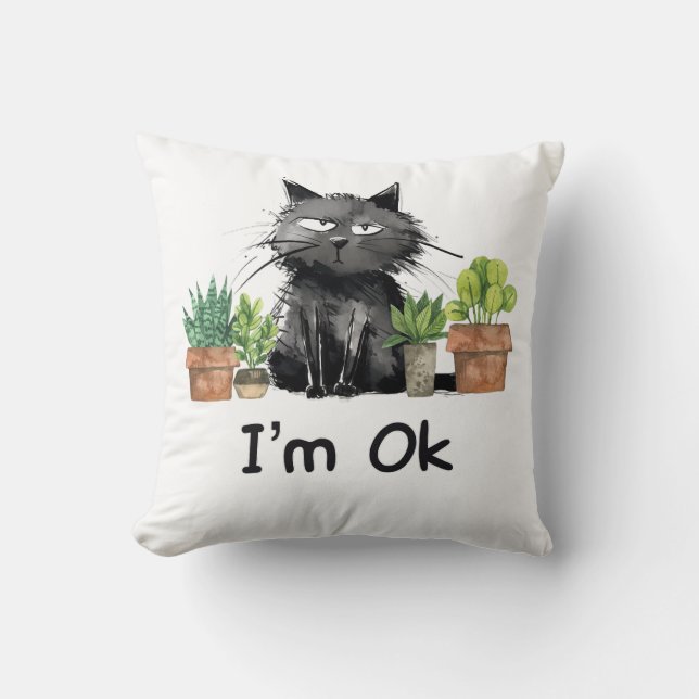 Jag är ok svart katt med växter kudde (Framsida)