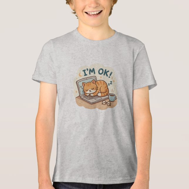 Jag är okej Sövande katt Bärbar dator Tecknad T Shirt (Framsida)