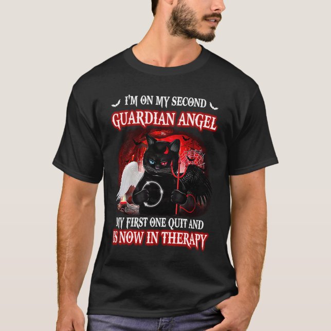 Jag är på min andra Guardian Angel Coola Black Cat T Shirt (Framsida)