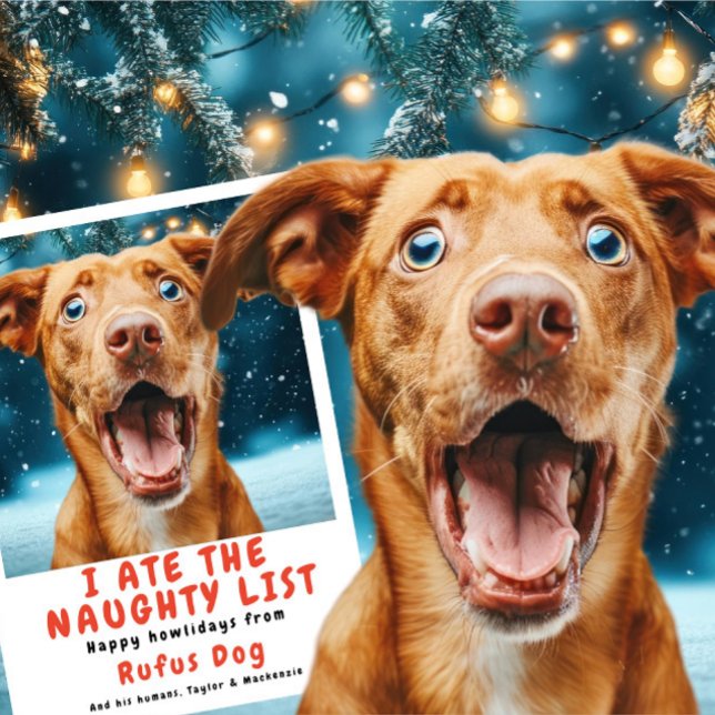 Jag är på Naughty List-Hund julfoto Julkort (I Ate The Naughty List Dog Christmas Photo Holiday Card by Ricaso. Add your own photo and text.)