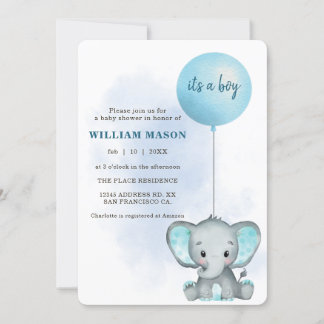 Jag är pojk Baby Elephant Blue Balloon Baby Shower Inbjudningar