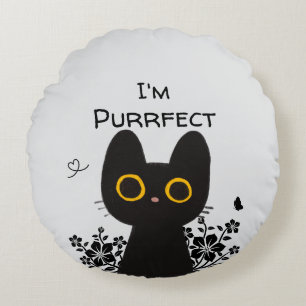 Jag är Purrfect Söt Svart Katt Rund Kudd Kudde