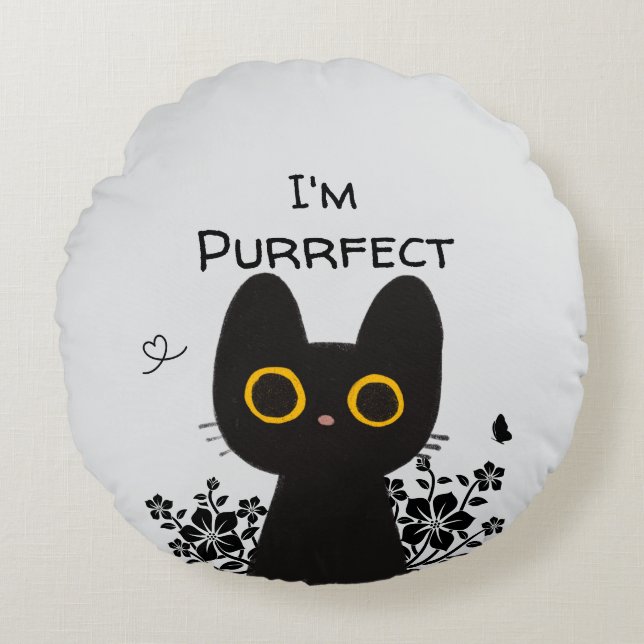 Jag är Purrfect Söt Svart Katt Rund Kudd Kudde (Framsidan)