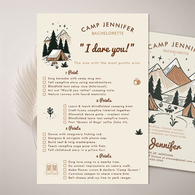 Jag är rädd för att du kamper med Bachelorette-par Flygblad (camping bachelorette party game dare you camp bach earth colors beige brown)