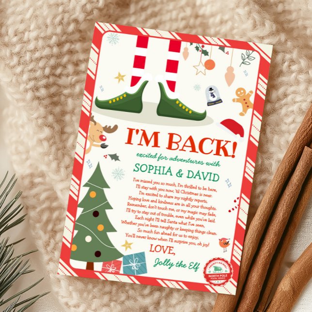Jag är tillbaka Jul Tomte Återkomst Ankomst Brev K Inbjudningar (I'm Back Christmas Elf Arrival Letter Card)