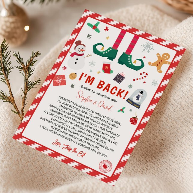 Jag är tillbaka Tomte Jul Ankomst Brevkort Inbjudningar (I'm Back Christmas Elf Return Arrival Letter Card)