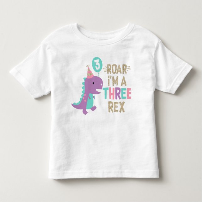 Jag är Tre Rex Girl Rosa Dinosaur Faux Glitter T Shirt (Framsida)