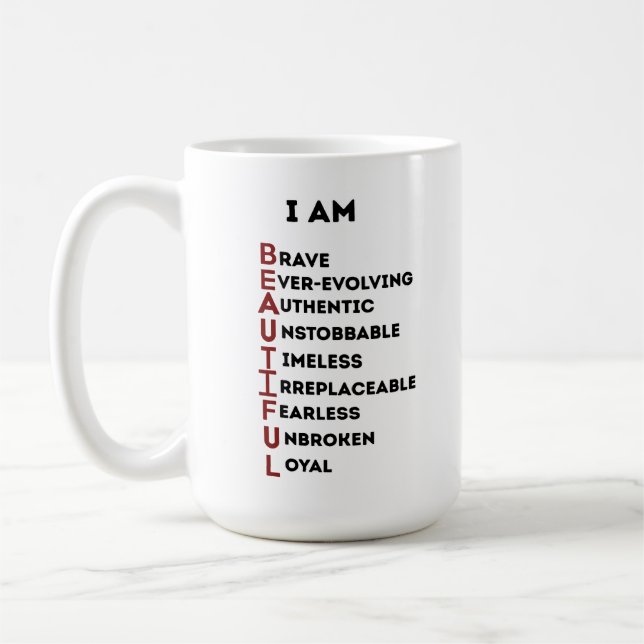 JAG ÄR VACKER KERAMISK VIT KLASSISK 15 OZ MUG KAFFEMUGG (Vänster)
