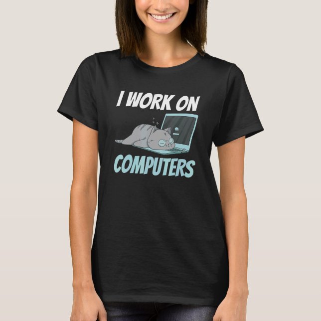 Jag arbetar på datorer Smart Tech Kitty Katt Felin T Shirt (Framsida)