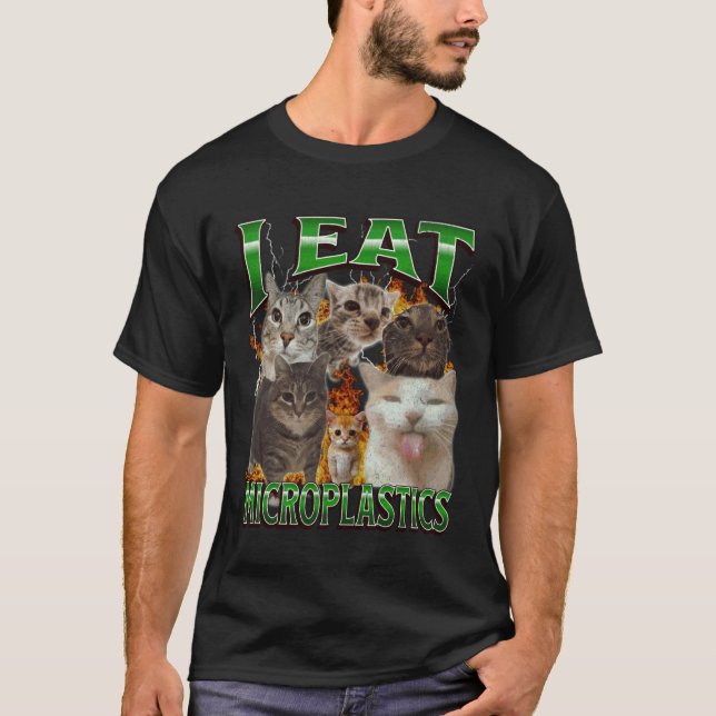 Jag äter mikroplaster Roligt katt meme bootleg gra T Shirt (Framsida)