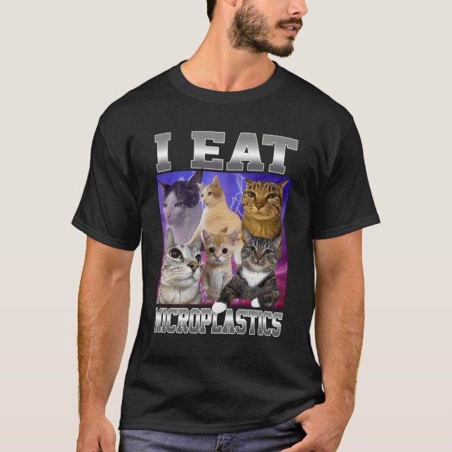 Jag äter mikroplaster Rollig katt meme bootleg gra T Shirt (Framsida)