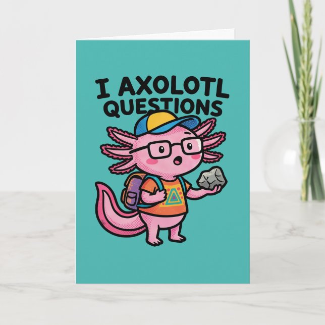 Jag Axolotl Frågor skolbarn håller sten nyfikenhet Kort (Framsida)