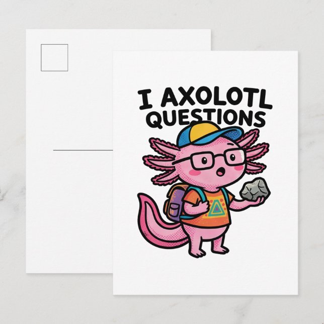 Jag Axolotl Frågor skolbarn håller sten nyfikenhet Vykort (Fram/baksida)