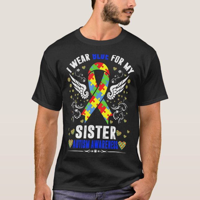 Jag bär blått för min syster Boho regnbåge Autism  T Shirt (Framsida)