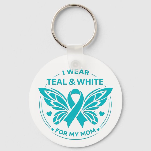 Jag bär teal & vit för min mamma knapp nyckelring (Framsida)