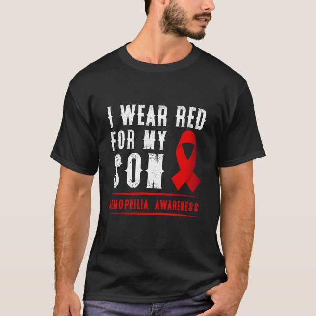 Jag Bära Red för min son Hemophilia Awareness Ribb T Shirt (Framsida)