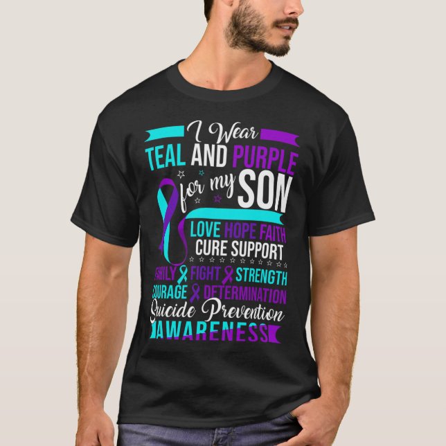 Jag Bära Teal and Lila for Min son Suicide Prevent T Shirt (Framsida)