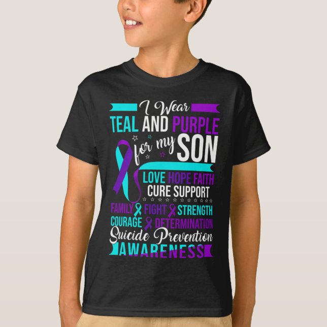 Jag Bära Teal and Lila for Min son Suicide Prevent T Shirt (Framsida)