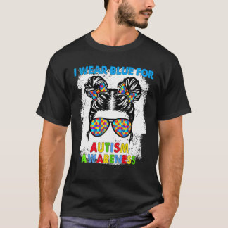 Jag Bäror blå för Autism Awareness Messy Bun Girl T Shirt