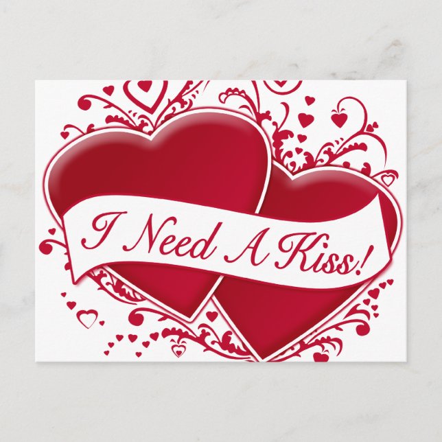Jag behöver en kyss! Red Hearts Vykort (Framsida)