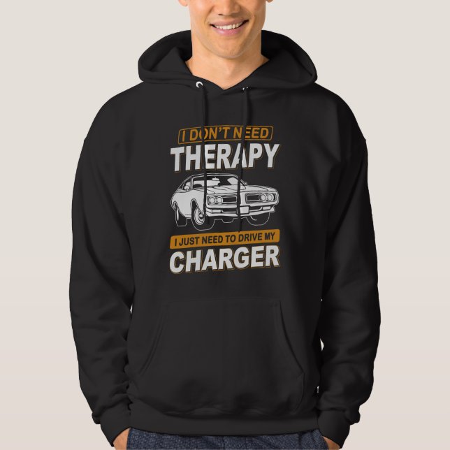 JAG BEHÖVER INTE TERAPI Dodge Charger 1971 Hoodie (Framsida)