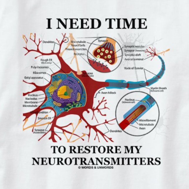 Jag behöver tid att återställa mina neurotransmitt t-shirt (Tee featuring neuron/synapse for anyone who needs time to restore his or her neurotransmitters)
