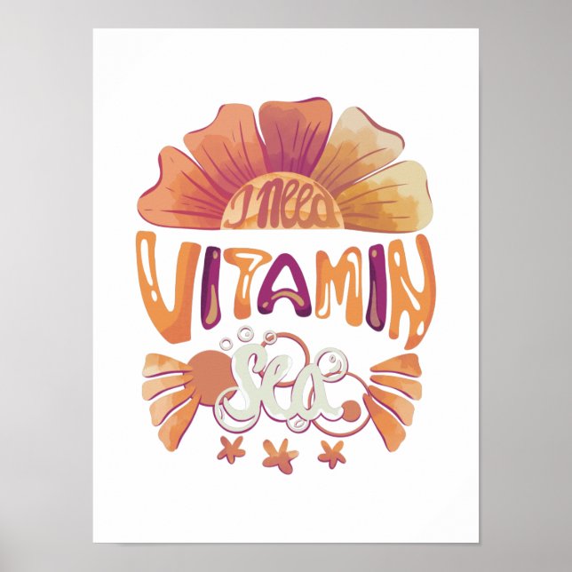 Jag behöver vitamin hav: Handskriven solnedgångs-e Poster (Framsidan)