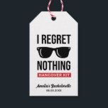 Jag beklagar ingenting Bachelorette Party Hangover Presentetikett<br><div class="desc">Men dog du? Bachelorette Party Hangover Kit. Lägg till en roligt av färg och ett unikt stil till dina bröllop eller möhippor. En möhippa-favoritsäck är ett underbart tillägg till party-planeringen. Dessa unika säckar kommer lätt att användas som gåva och kan som en vacker dekoration på ditt bröllopsmottagning eller din möhippa....</div>