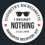 Jag beklagar ingenting Bachelorette Party Hangover Runt Klistermärke<br><div class="desc">Jag beklagar ingenting Bachelorette Party Hangover Kit. Lägg till en roligt av färg och ett unikt stil till dina bröllop eller möhippor. En möhippa-favoritsäck är ett underbart tillägg till party-planeringen. Dessa unika säckar kommer lätt att användas som gåva och kan som en vacker dekoration på ditt bröllopsmottagning eller din möhippa....</div>