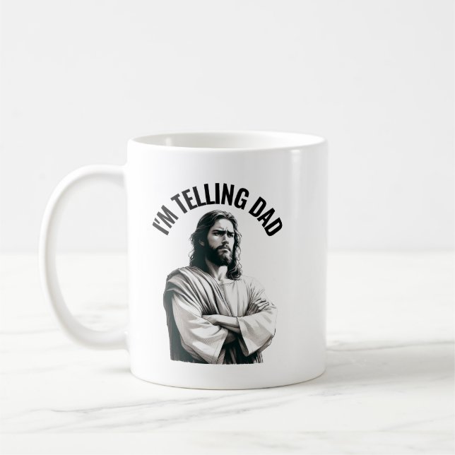Jag berättar för Pappa - Roligt Jesus Meme Kaffemugg (Vänster)