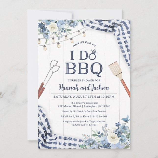 Jag bjuder in BBQ med marinblå och ljusblå Inbjudningar (Framsida)