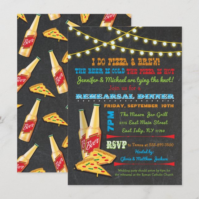 Jag bjuder på Pizza och Brew Rehearsal Dinner. Inbjudningar (Fram/baksida)