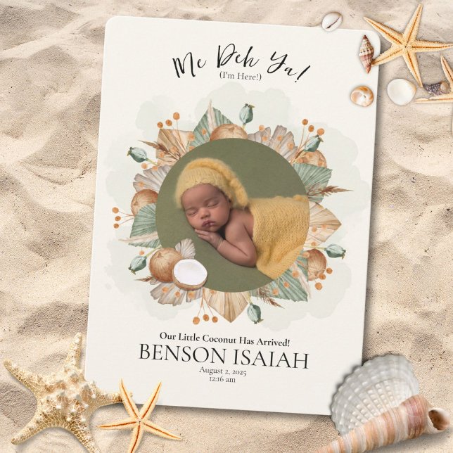 Jag Deh Ya! Jamaican Birth-annonsen. Inbjudningar (A tropical coconut design with Jamaican flair, celebrating your little one's arrival.)