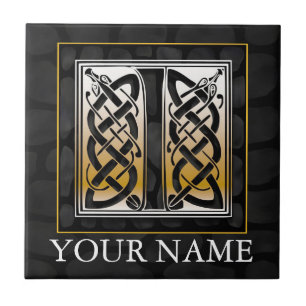 Jag "Ditt namn", Celtic Black Stone Monogram Tile Kakelplatta