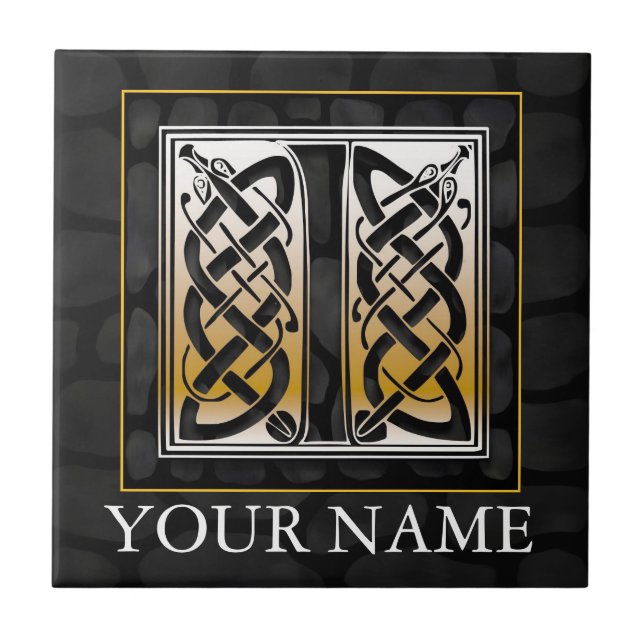 Jag "Ditt namn", Celtic Black Stone Monogram Tile Kakelplatta (Framsidan)