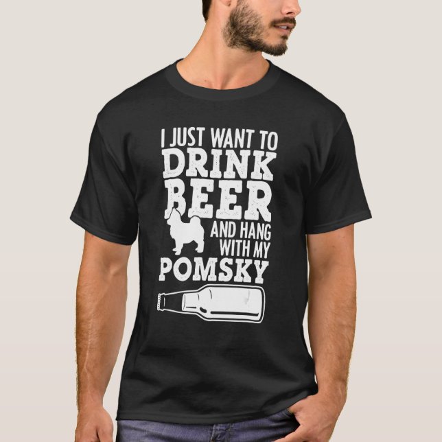 Jag dricker öl och håller med min Pomsky Drinking  T Shirt (Framsida)