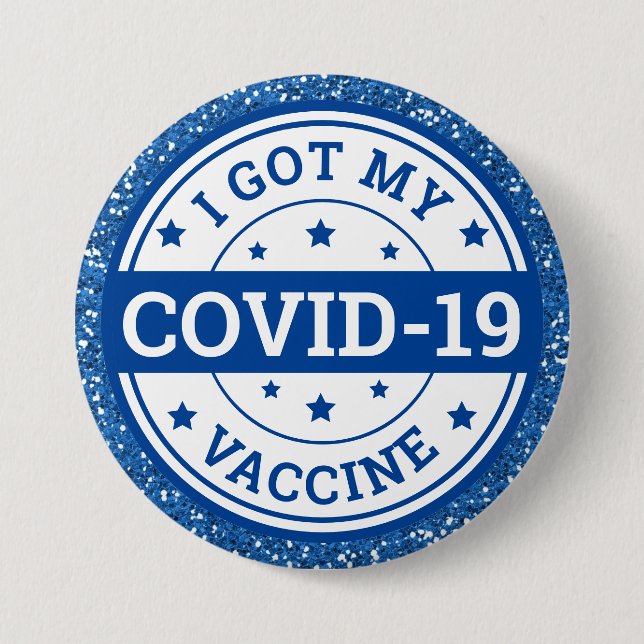 Jag Fick Mitt Covid-19 Vaccin Blått Glitter Knapp (Framsida)