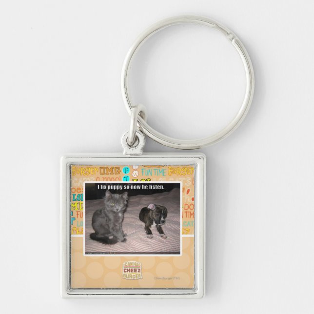 Jag fixar valpen fyrkantig silverfärgad nyckelring (Framsidan)