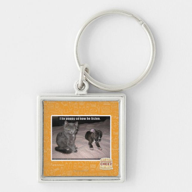 Jag fixar valpen fyrkantig silverfärgad nyckelring (Framsidan)