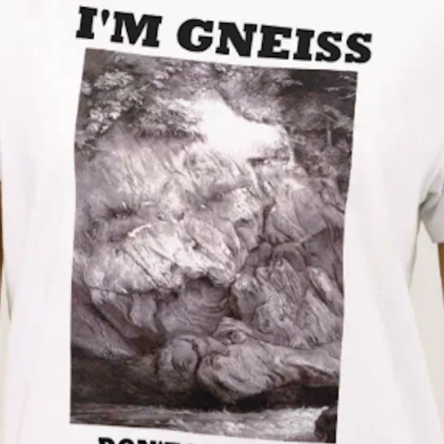 Jag förmiddagGneiss tar inte mig för granit Tee (Geological attitude tee featuring gneiss w/ humorous saying "I'm Gneiss Don't Take Me For Granite")