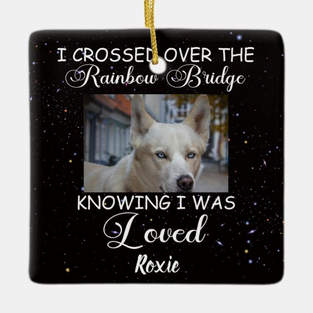 Jag gick över regnbågsbron, minnesmärke hund julgransprydnad keramik (Framsida)