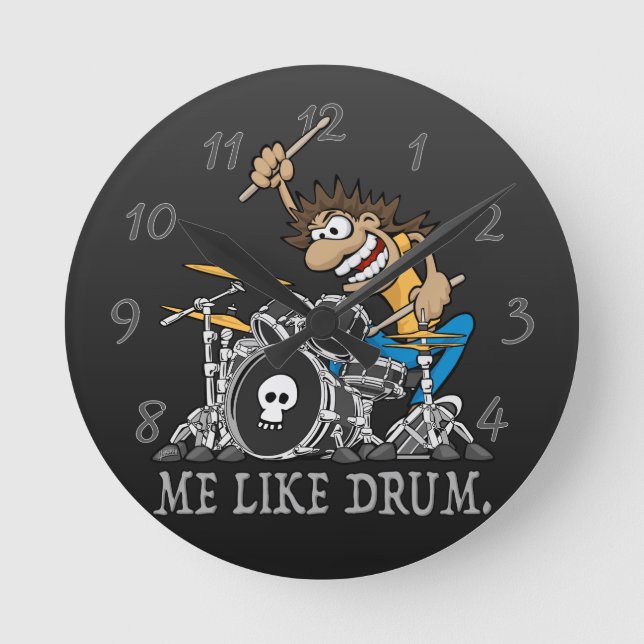 Jag gillar Drum. Vild Drummer Tecknad Illustration Rund Klocka (Framsida)