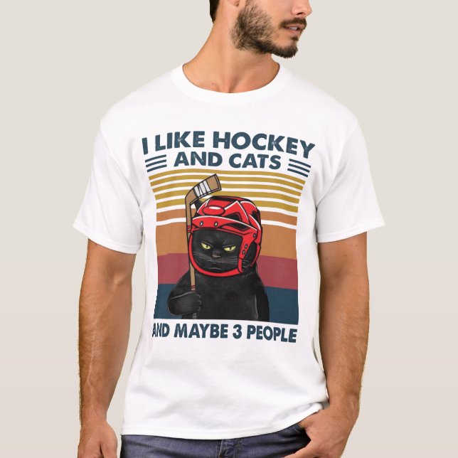 Jag gillar hockey och katter och kanske 3 personer t shirt (Framsida)