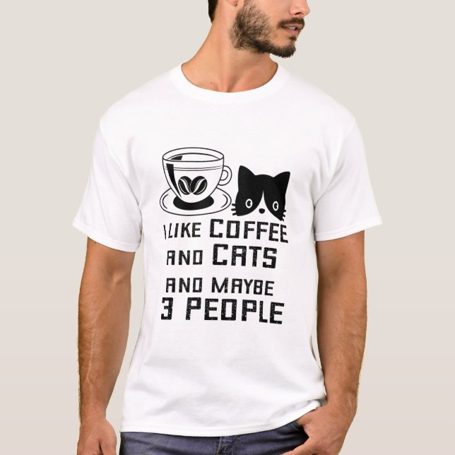 Jag gillar kaffe och katt och kanske 3 personer t shirt (Framsida)