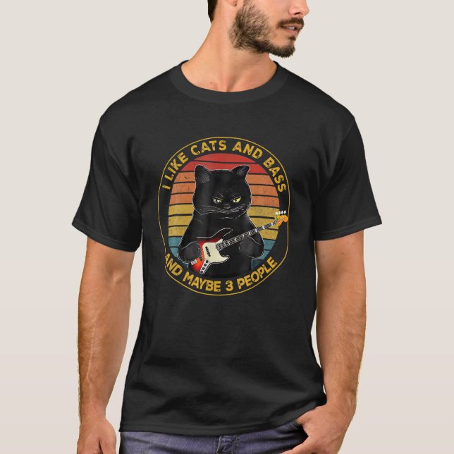 Jag gillar katter och bass och kanske 3 svarta kat t shirt (Framsida)